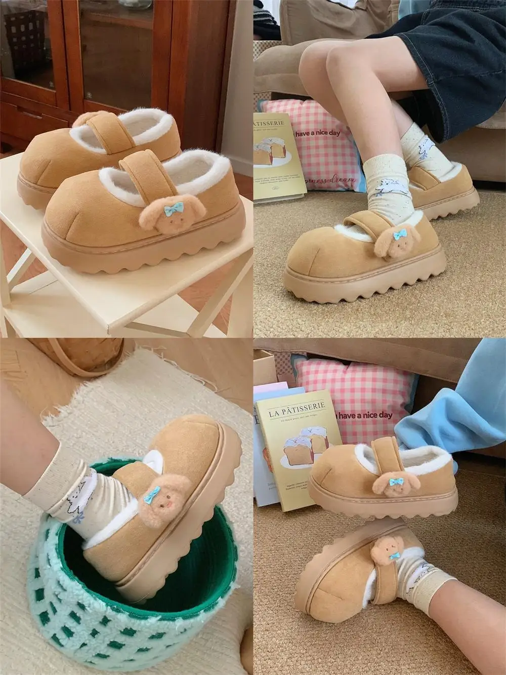 Women Cotton Shoes Indoor Household Shoes Plush Mary Jane Bean Shoes Cute Female Bow Dog, Winter Wearing Cotton Shoes