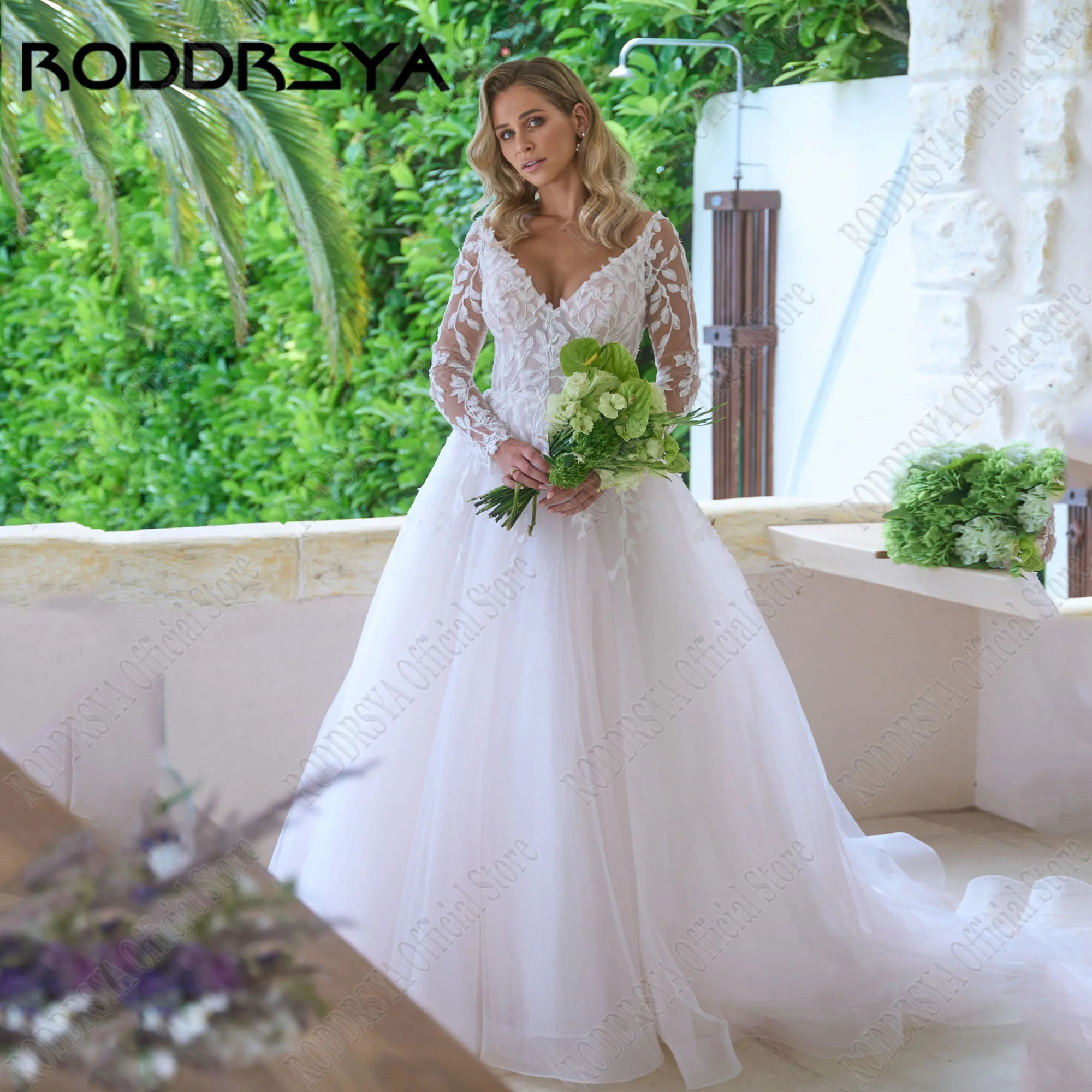 

RODDRSYA Wedding Dress Long Sleeves V-Neck A-Line Applique Elegant Bride Gowns Tulle Zipper Back Robe De Mariée Sweep Train