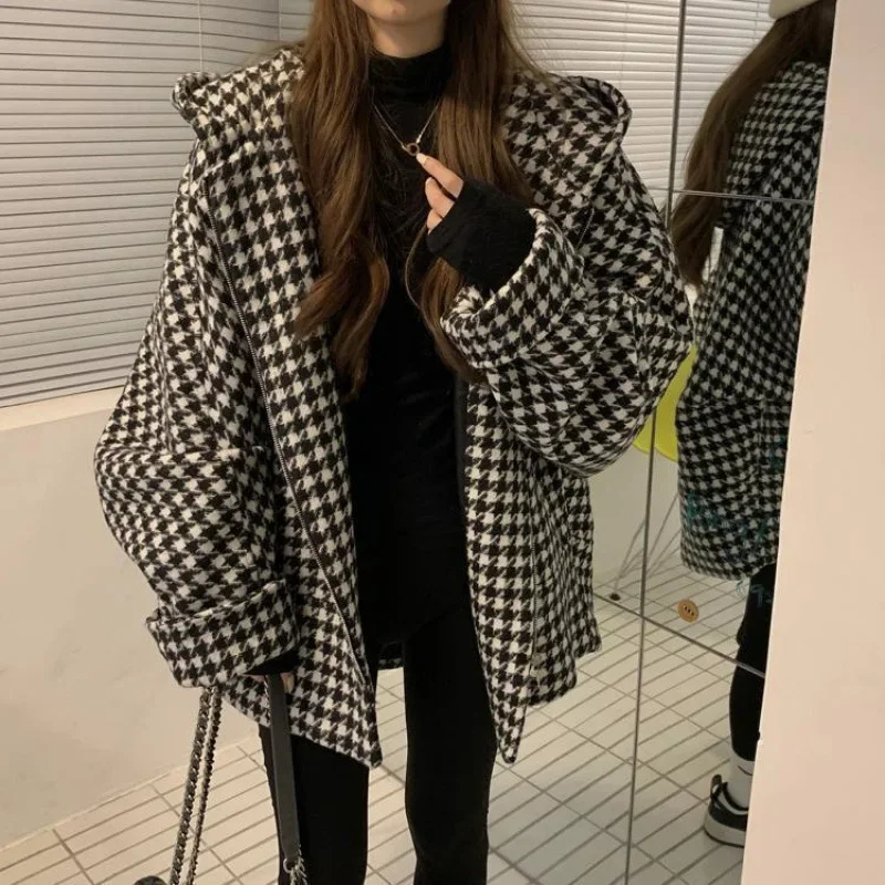 Vintage Thousand Birds Plaid Woolen Jacket Petite Hooded Top Autumn/Winter Loose Fit Slimming Thickened Cotton Coat Women's Tren