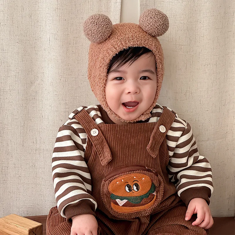 Korean Version of Winter Baby Shoulder Strap Jumpsuit, Baby Striped Hoodie, Plush and Warm Cartoon Hamburger Crawling Suit