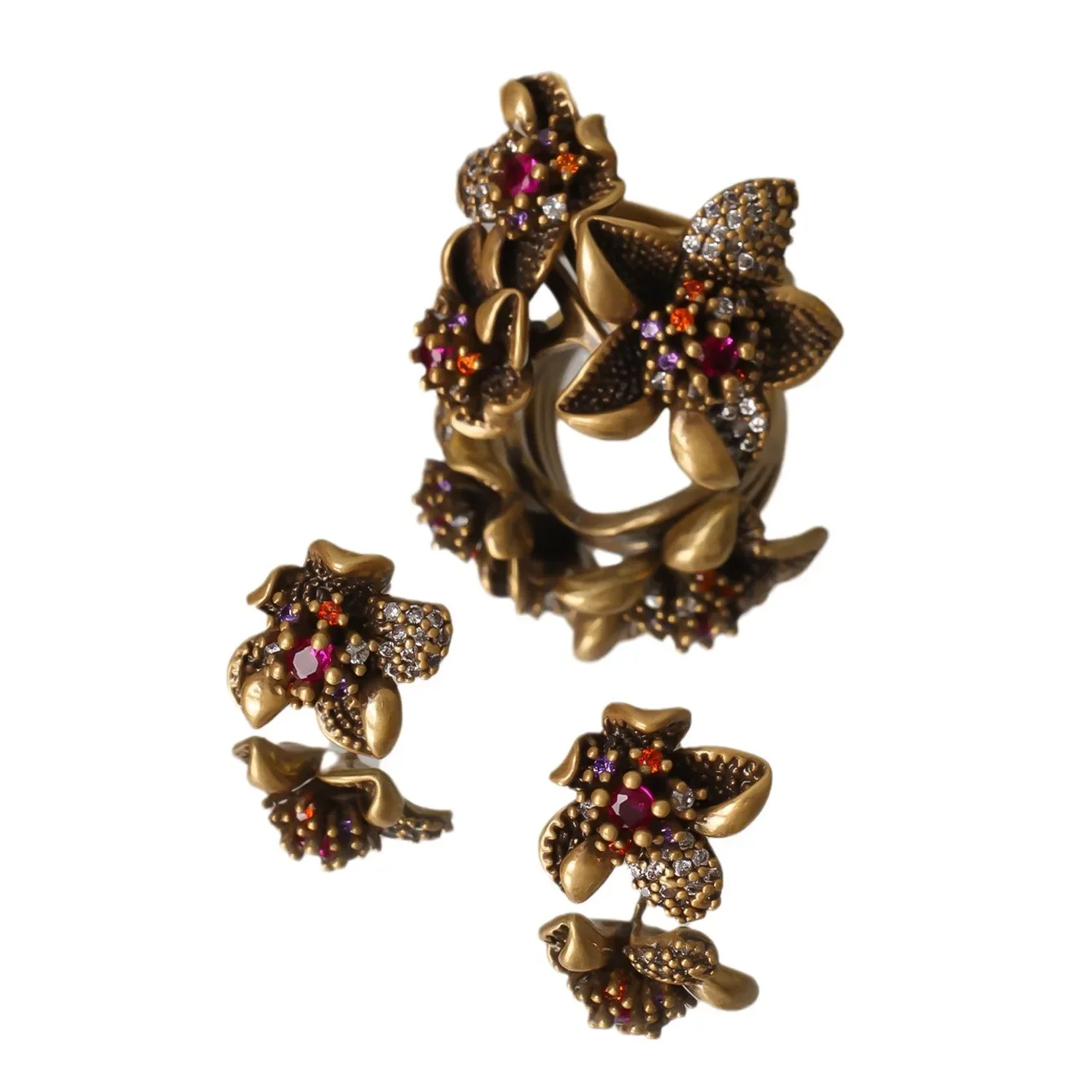 European and American Retro Flower Earrings and Rings Set Flower Stamens Colored Zircon Fashion Niche Rings for Women