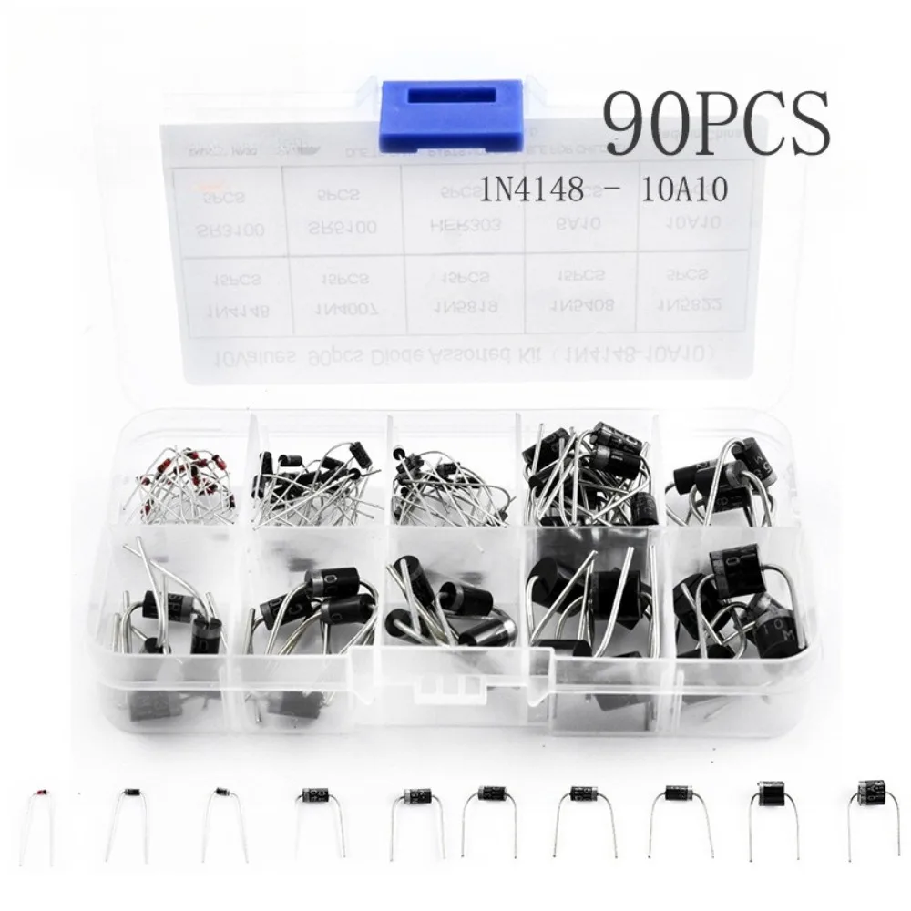 

90Pcs 10 Values Diode Assortment Kit 1N4148 1N4007 1N5408 10A10 Schottky Fast Recovery Rectifier Diodes with Storage Box for Ele