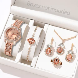 Rose Gold Ladies Quartz Watch 6PCS/Set Fashion Wristwatch Alloy Band Watch Water Droplet Element Jewelry Set Gift For Girls