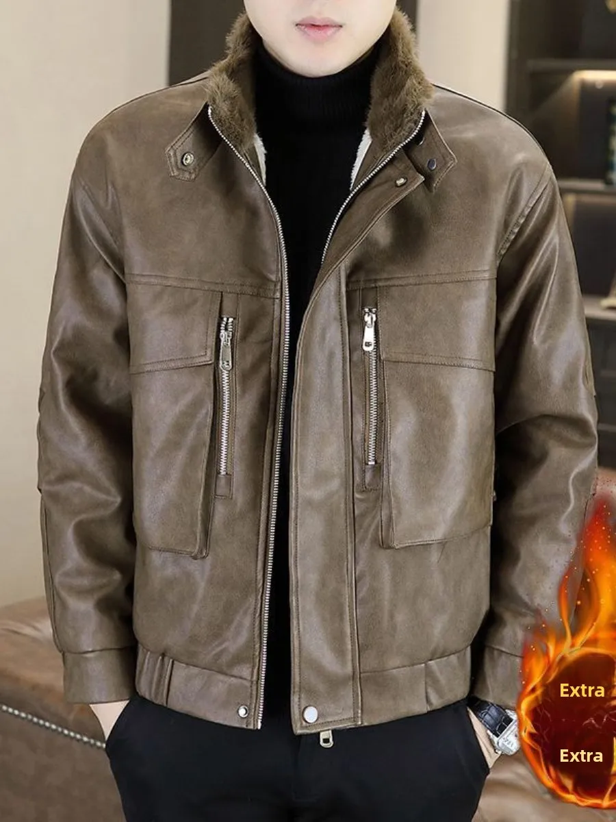 

Повседневная осенне-зимняя кожаная куртка для мужчин: молодежная, модная, с воротником-стойкой, стильная, теплая, с длинными рукавами, верхняя одежда
