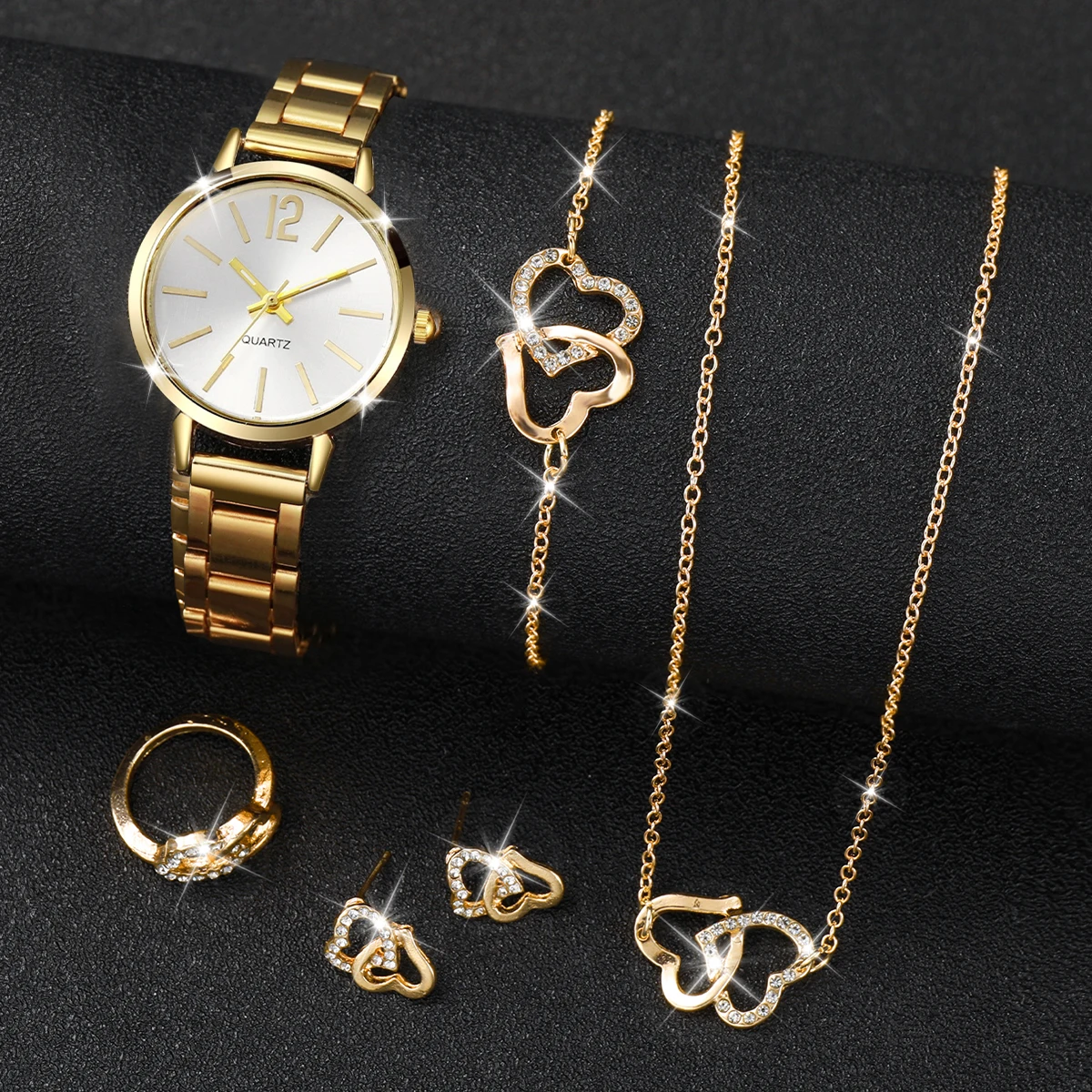 6PCS/Set Simple Scale Dial Women\'s Watch Fashion Gold Steel Band Quartz Watches Jewelry Set（Without Box）