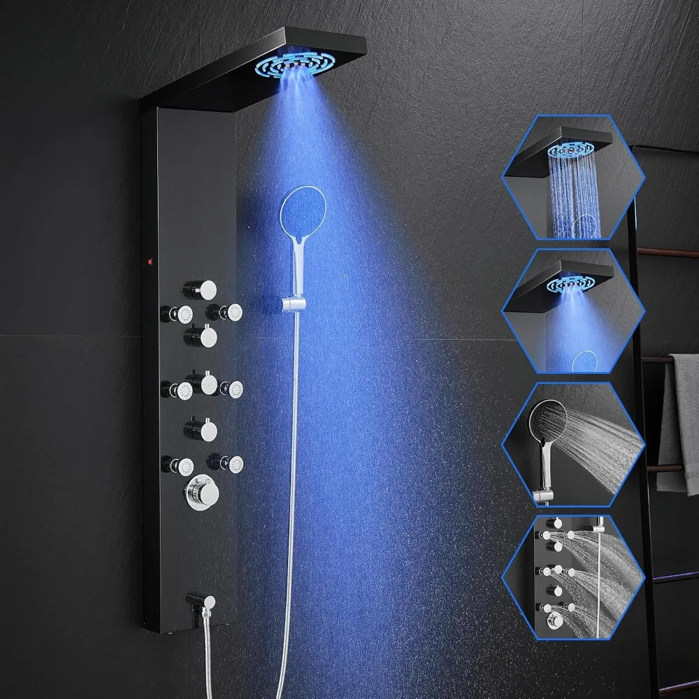 MENATT 4-in-1 LED Lights Stainless Steel Shower Panel with LED Rainfall Shower Head, Shower Panel Tower System