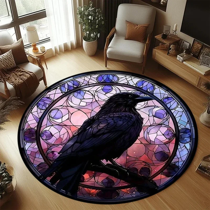 Vintage Stained Glass Pattern Round Carpet Mat Rug Home Decoration Black Crow Background Gothic Style Floor Decor Living Room