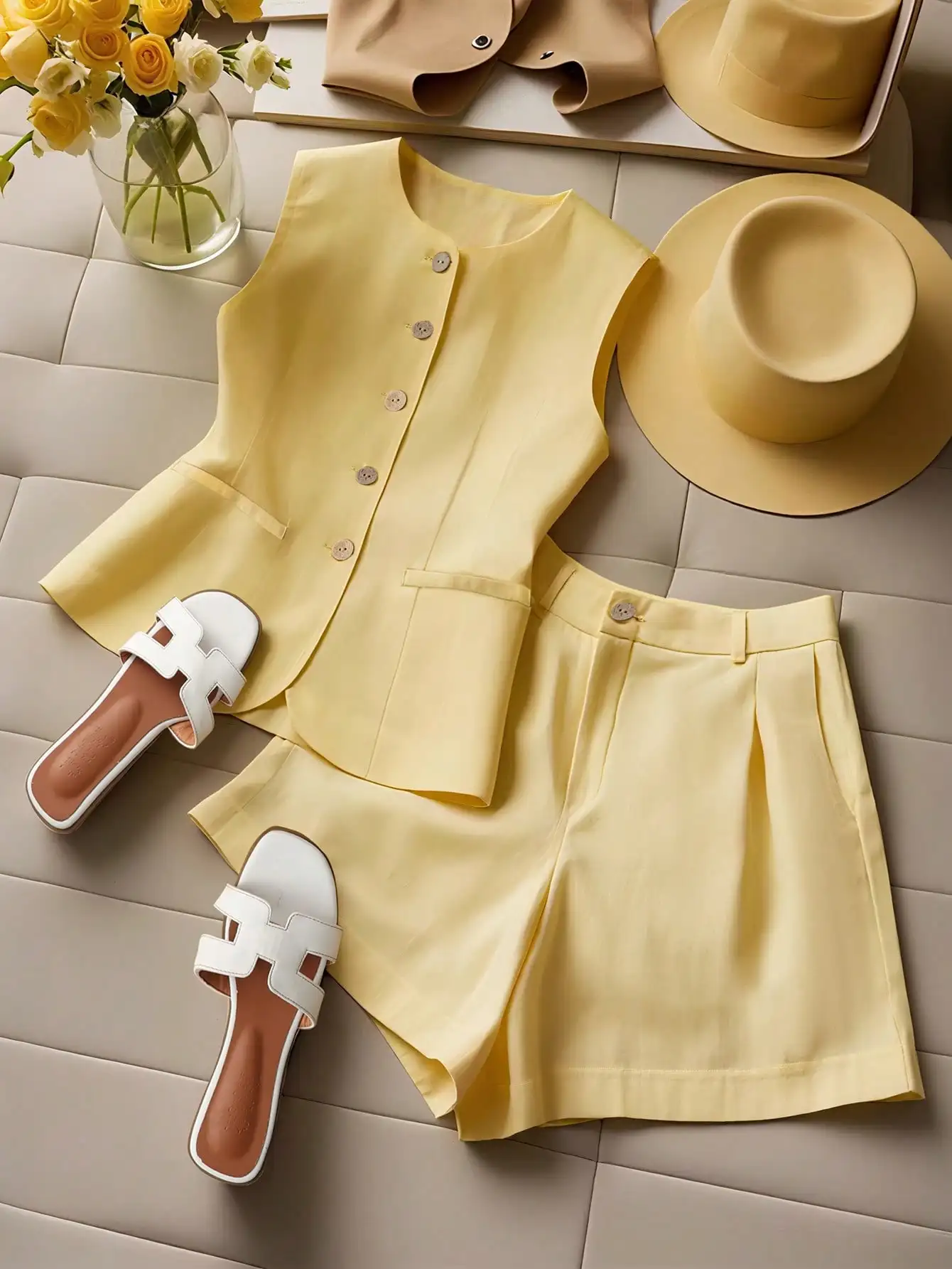여성용 민소매 버튼업 탑 & 플리츠 반바지 2피스 세트, 여름용 연노랑색 휴가복