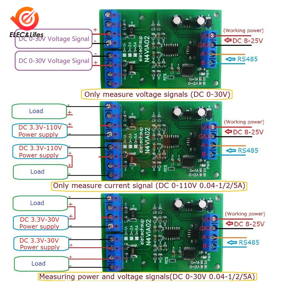 DC 0-30V 1A 2A 5A Voltage Signal Acquisition RS485 Modbus RTU Module for PLC Current Transmitter Measuring Instruments 12V