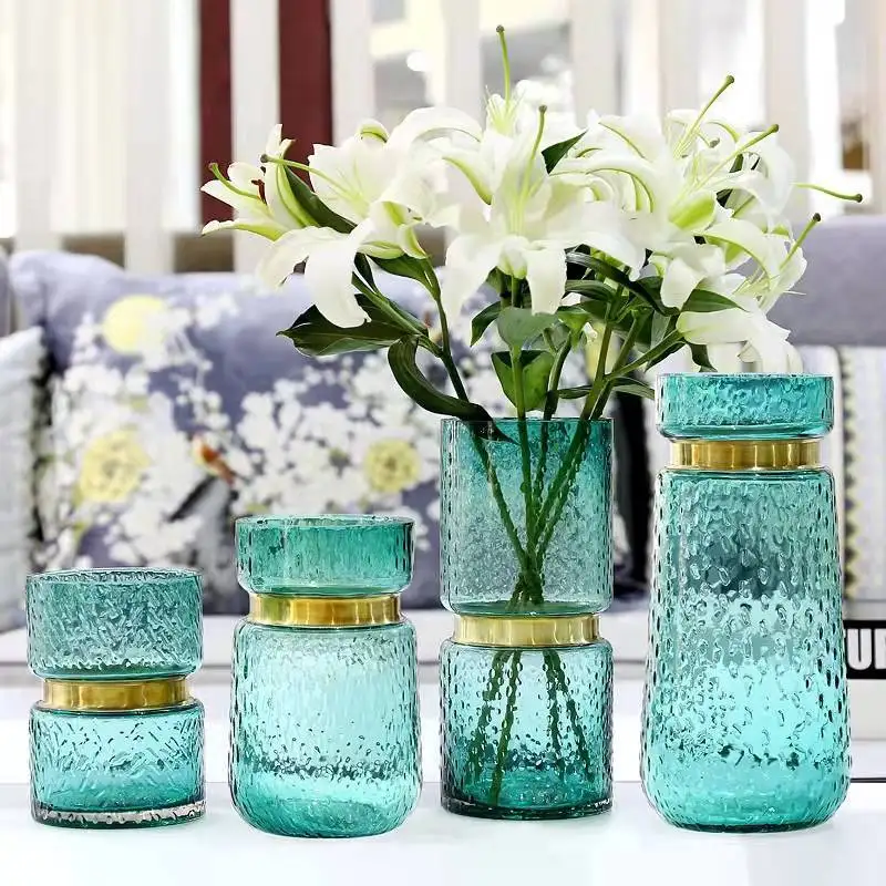 

[Free shipping] European copper ring glass vase blown metal ring inlaid flower arrangement home decoration flower art