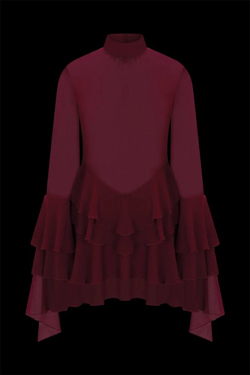 Robe de bal rouge foncé, Sexy, col haut, manches longues évasées, volants, formelle, courte, Mini Robe de soirée de mariage, Banquet, Robe de mariée