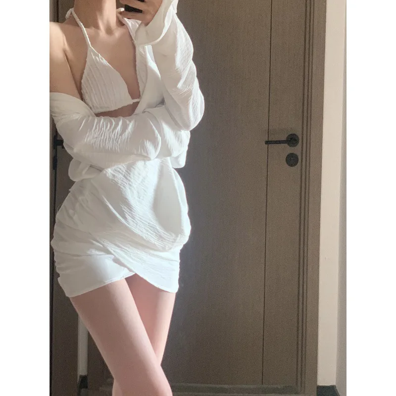 Ensemble de Bikini fendu esthétique pour femmes, chemise de plage à manches longues, Protection solaire UV, maillot de bain pour vacances à la plage, printemps chaud