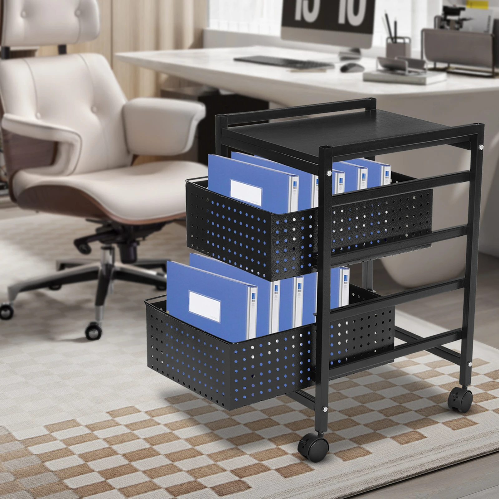 

2-Tier File Storage Cart Tool Box Organizer Rolling Cart Office Furniture Wood Storage Dresser Free Standing File Cabinet