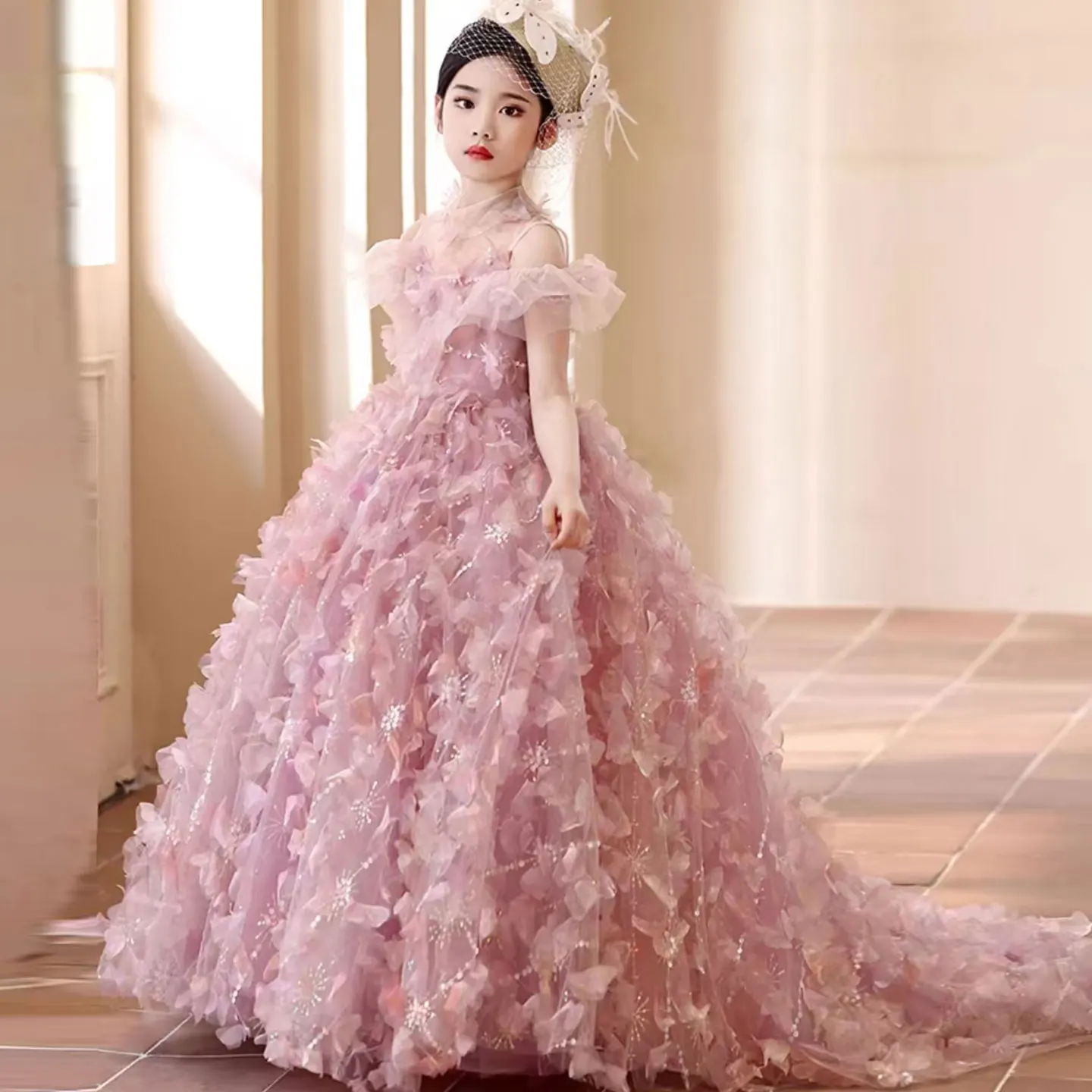 Robe de luxe rose pour filles, avec fleurs, princesse, fête d'anniversaire, de mariage, robe de sainte Communion pour enfants, 2025