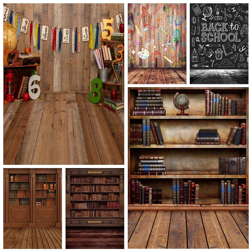 

Back to School Backdrop for Photography Vintage Library Bookshelf Wooden Floor Chalk Drawing Blackboard Decor Photo Background