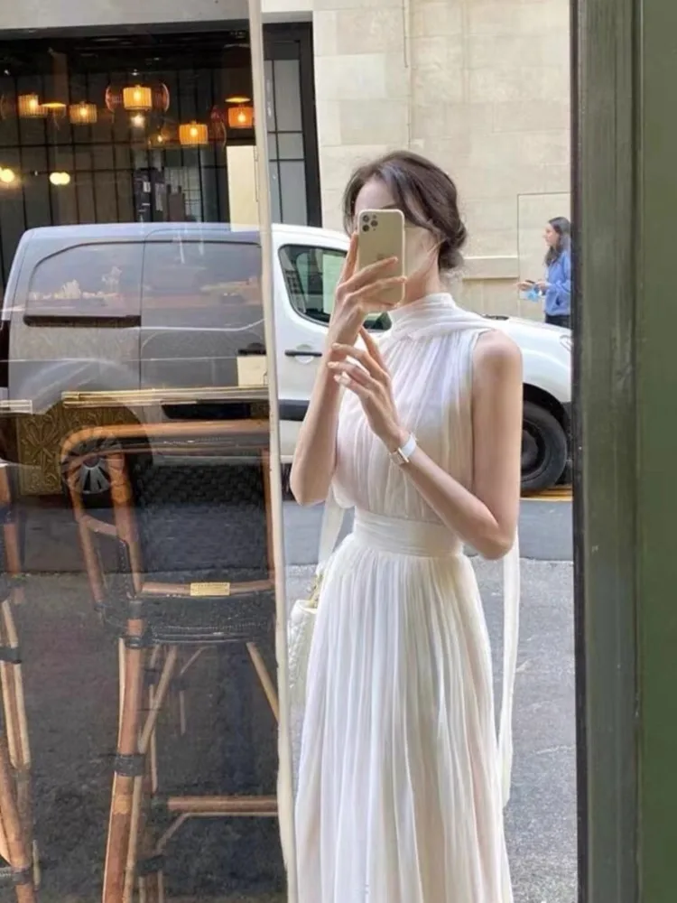 Summer Elegant Women\'s Two-piece Suit Top and SKirt  A-line Solid Sleeveless Backless Femal Clothes 2-Piece White Fashion Korea