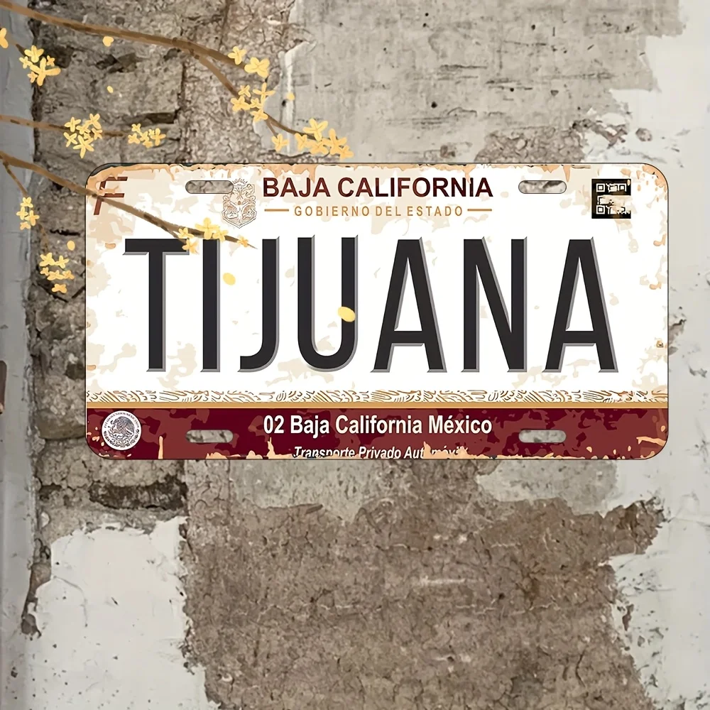 Vintage Mexican License Plate Metal Tin Sign - 15.24x30.48 cm Baja California & Tijuana Wall Art, Distressed White/Red/Black Ret