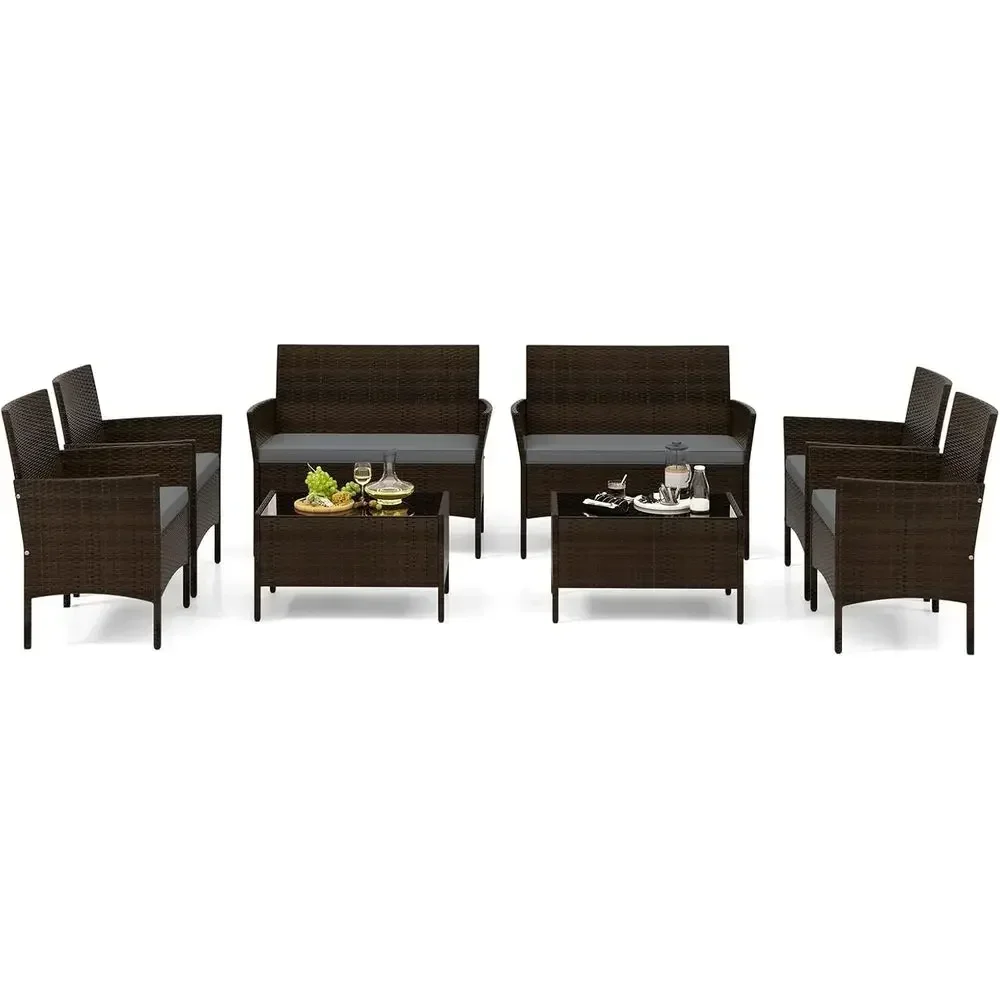 8-Piece Outdoor Rattan Patio Furniture Set with Cushions, Sectional Sofa, Loveseat, and Glass Table in Grey