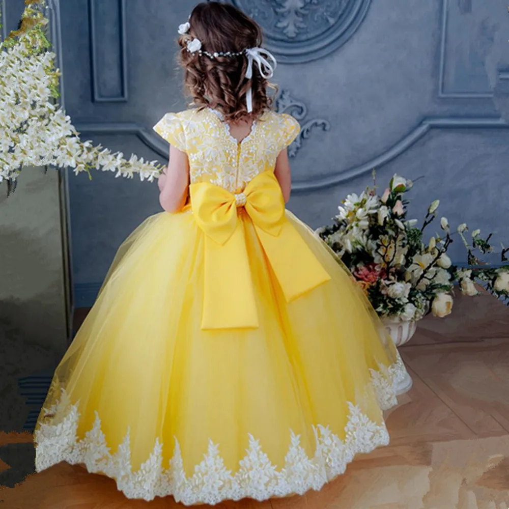 Yellow Long Flower Girl Dresses Tulle White Applique Cap Sleeve Wedding Birthday Party Bow Baby Kids First Communion Ball Gown