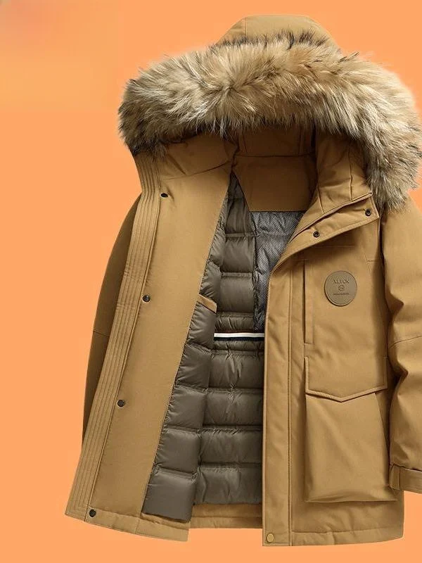 

Зимняя парка мужская: новая модель, со съемным меховым воротником, утепленная, повседневная, с капюшоном, простой дизайн