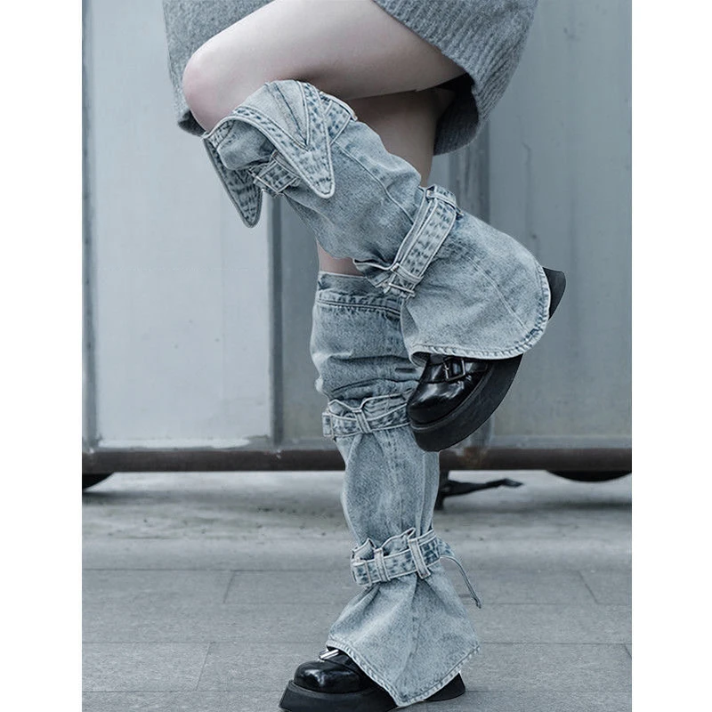 Women s Y2K Denim Leg Warmers 80s Knee High Harajuku Buckle Jean Socks Punk Gothic Leg Cover Stockings Streetwear