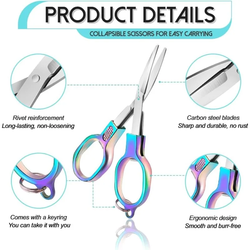 1pc Folding Scissors Rainbow Colored Sharp Polishing Blade Ergonomic Design Portable Travel Stainless Steel Fishing Scissors