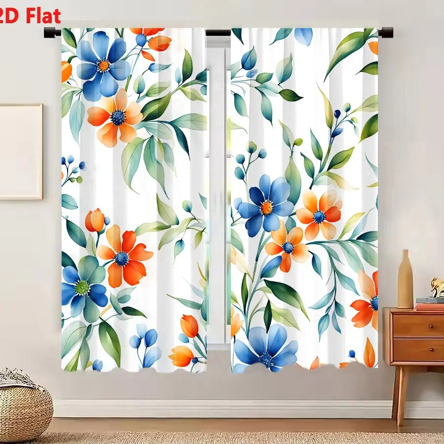2Pcs Curtains 2D Flat Seamless Floral Pattern With Blue Orange And Green Flowers On White Background Window Drapes for Bedroom R