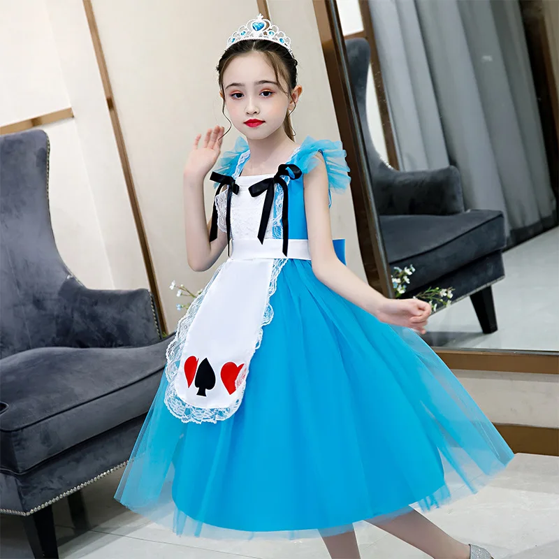 TV &Movie Wonderland Cosplay blue heart mesh Dress Halloween kid Queen poker