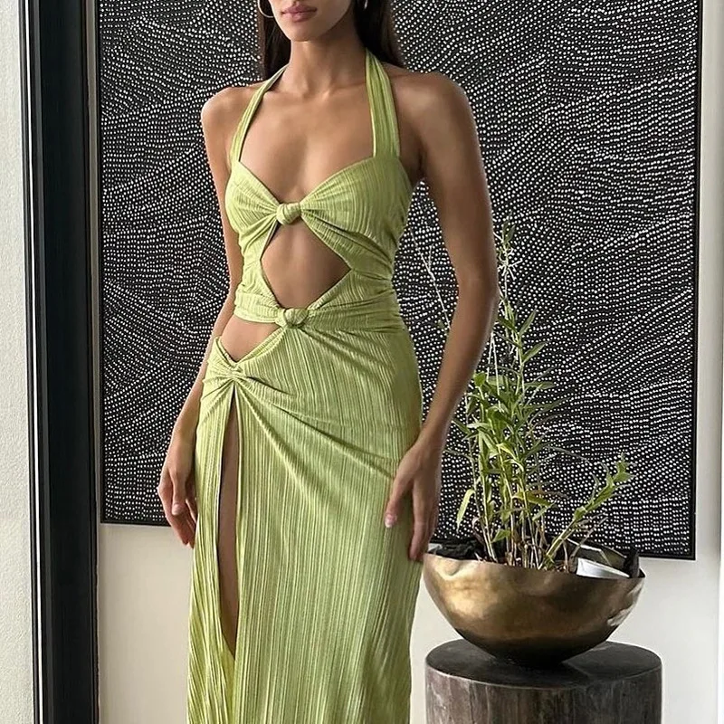 Abito da ballo da donna verde Halter senza maniche Summer Long Maxi Party Gown guaina Slim Fit Casual Side Split Hollow gonna Robes