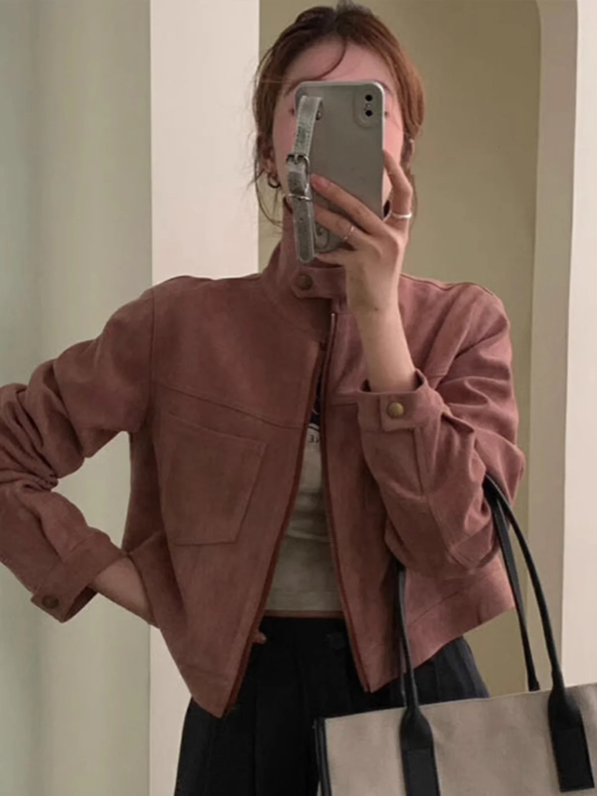 

Women's ort Leather Jaet Spring Autumn New Vintage Design Deer Skin Velvet Slimming Versatile Stand Collar Outerwear Top