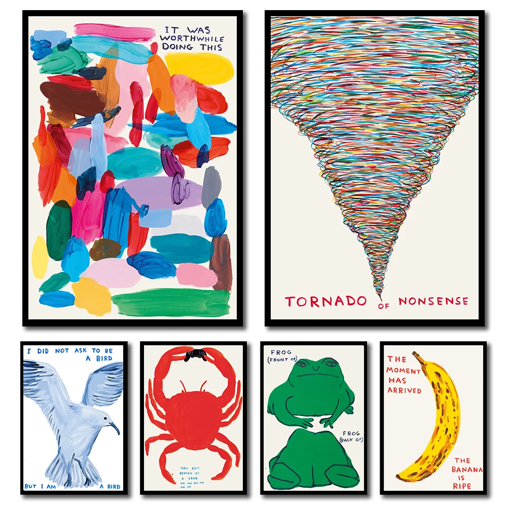 Pósteres en lienzo abstractos, David Shrigley, Rana, jirafa, plátano, tomate, póster artístico, arte de pared, decoración del hogar, sala de estar y dormitorio
