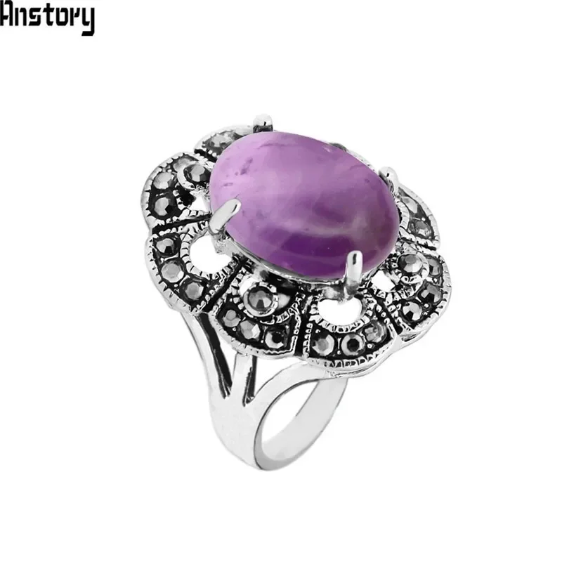 Oval Natural Amethysts Rings For Women Vintage Look Antique Silver Plated Rhinestone Plum Flower Fashion Jewelry TR690