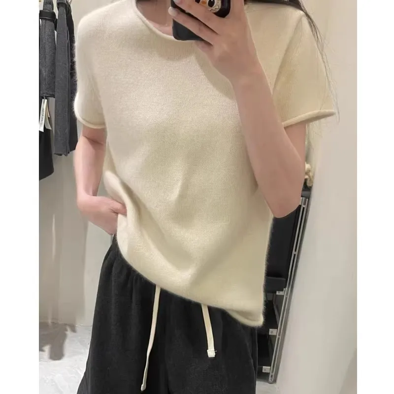 

Round-neck 100% wool knitted short-sleeved women's spring-autumn lightweight base layer half-sleeve T-shirt