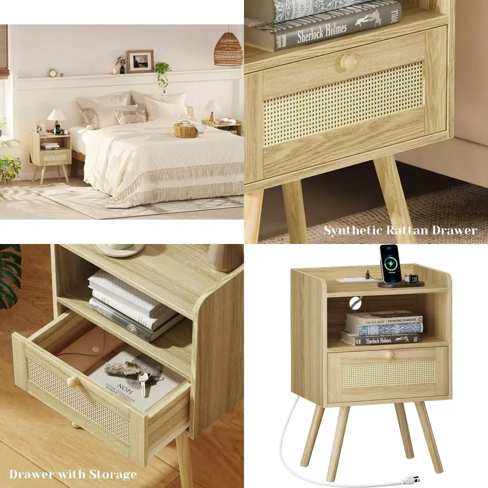 

Rattan-Style Charging Nightstand with Storage for Bedroom and Dorm