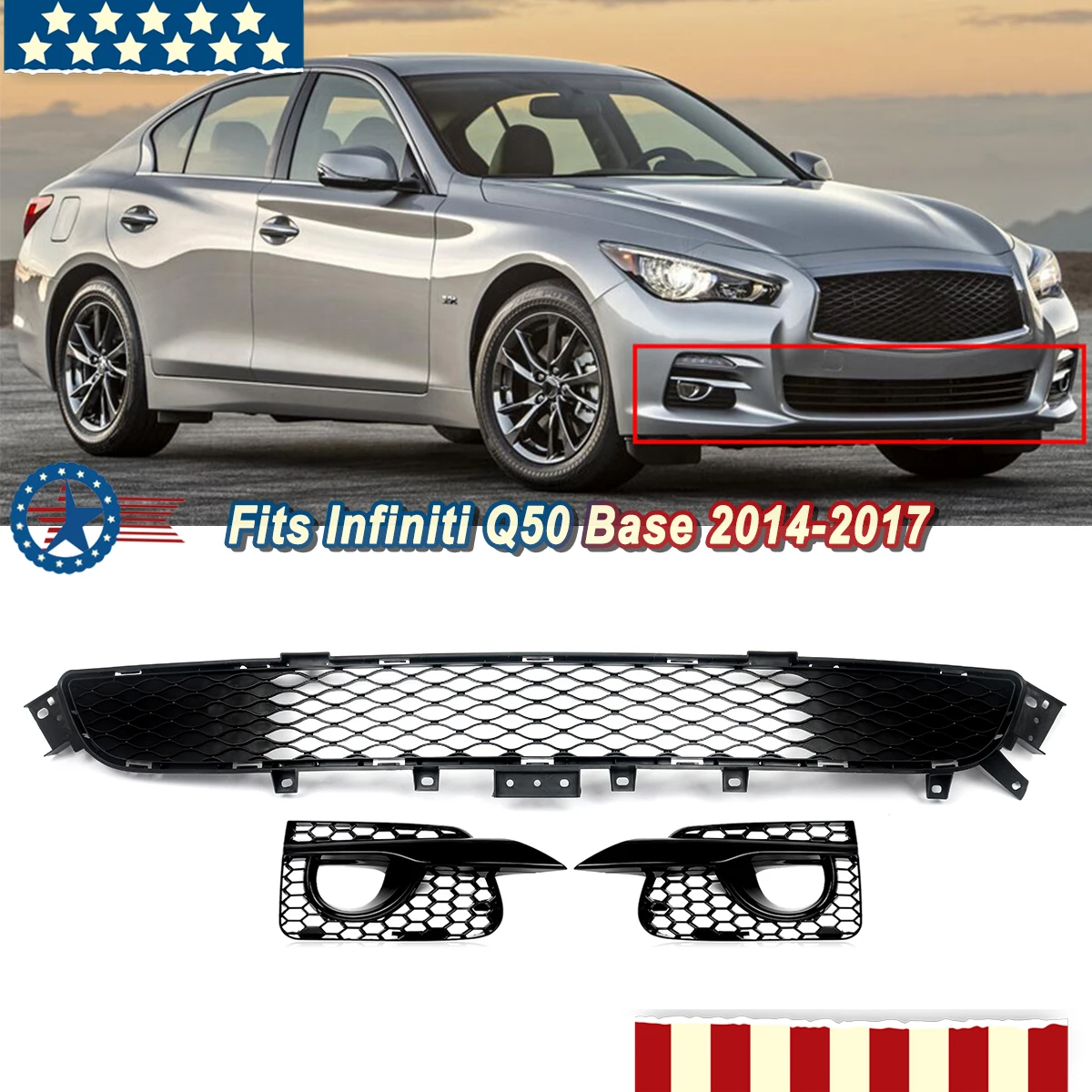 

3Pieces Grills Assembly Compatible with 2014-2017 Infiniti Q50 Base Model Honeycomb Front Lower Grille + Fog Lights Grille Black