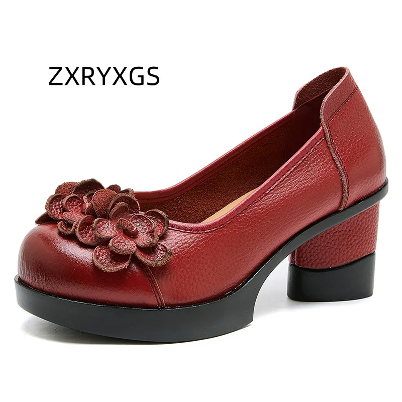 ZXRYXGS Top Layer Cowhide Flowers Fashionable Pumps Women Shoes 2025 Retro Style High End Temperament Elegant Ladies High Heels