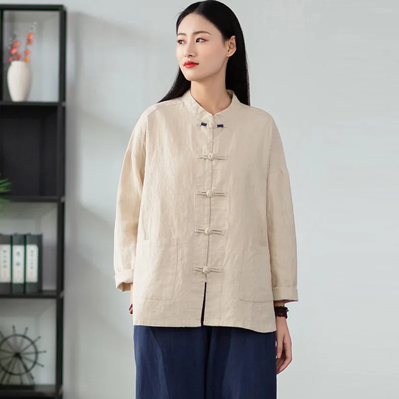 

Chinese Style Cotton Linen Casual Coats Women New Arrival 2024 Autumn Vintage Stand Collar Loose Female Basics Jackets T222