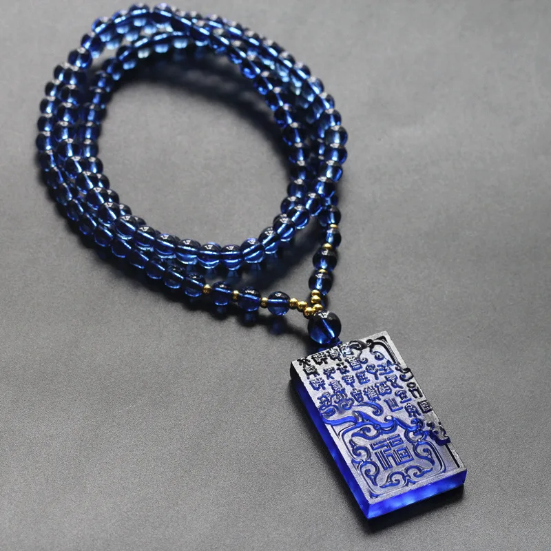 Chinese Style Lucky Blessing Blue Glaze Auspicious Ruyi Fu Character Square Pendant Necklace 108 Beads Long Sweater Chain Fortun