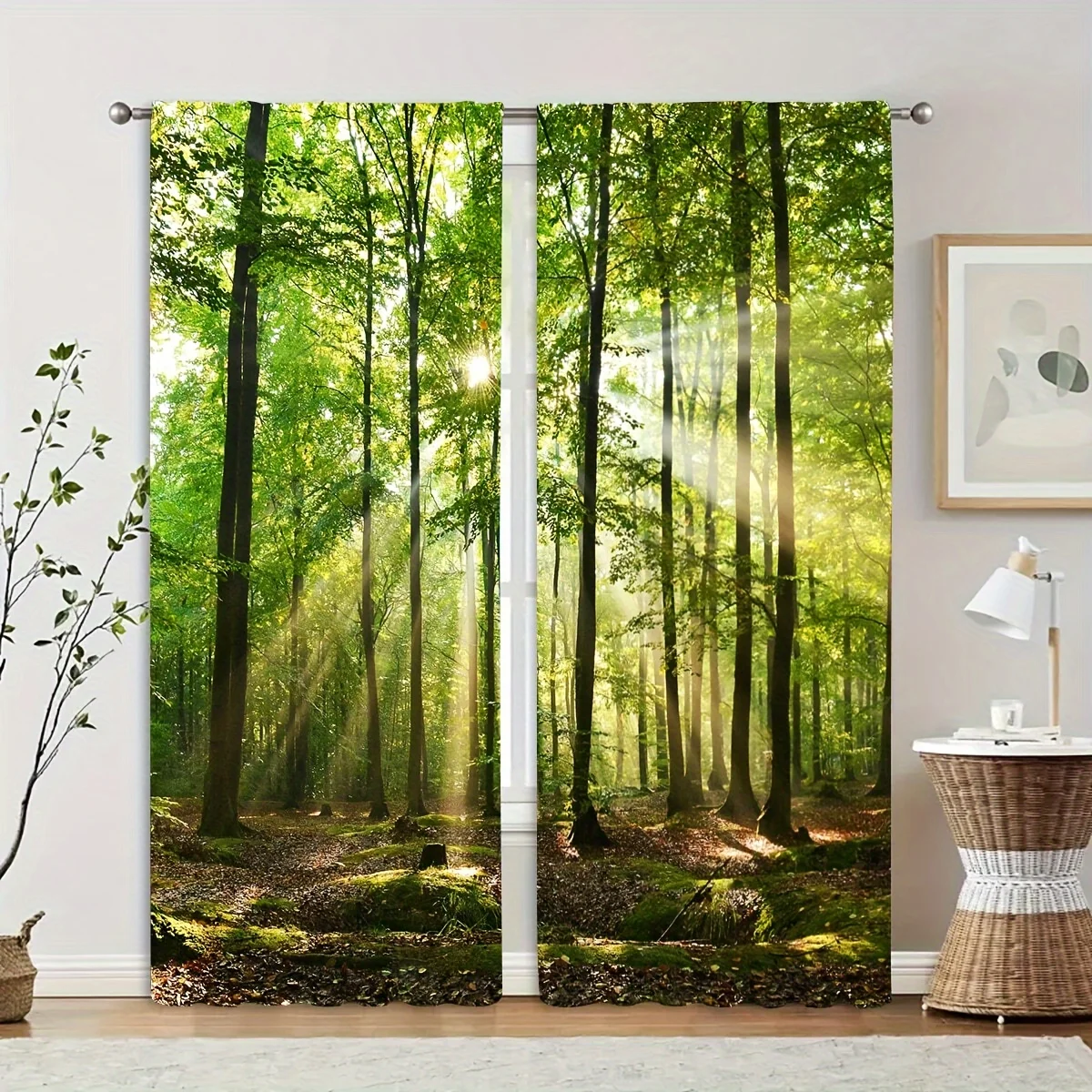 Green Forest Curtain, Sunlight Ray Window Drape, Nature Scenery Blackout Panel, Living Room Bedroom Home Decor