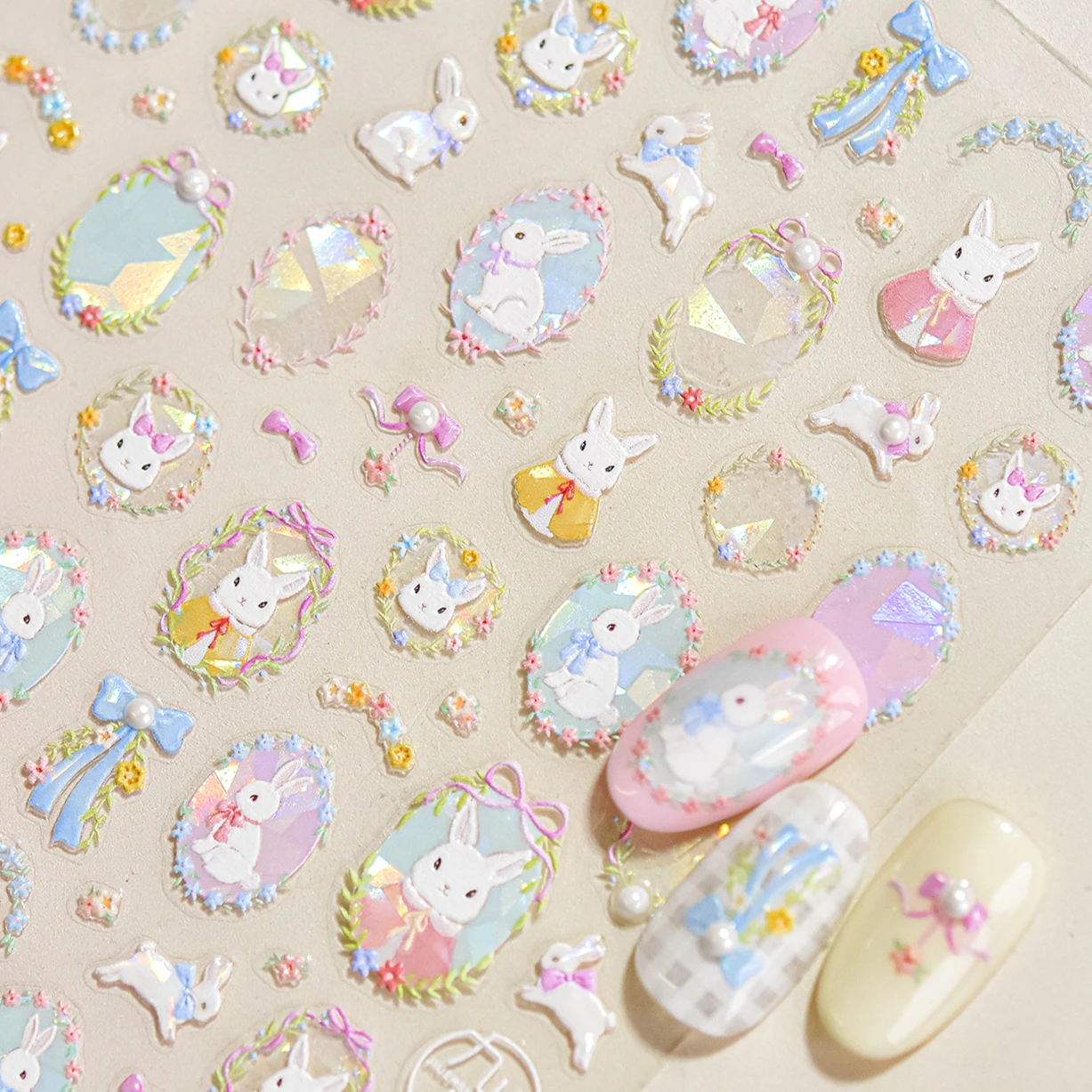 Dreamy Cute Rabbit Flower Bowknot Sheep Bear Ribbon Star Bunny Dog Heart Cake Cat Poker Easter Egg Chick Nail Art Stickers Decal