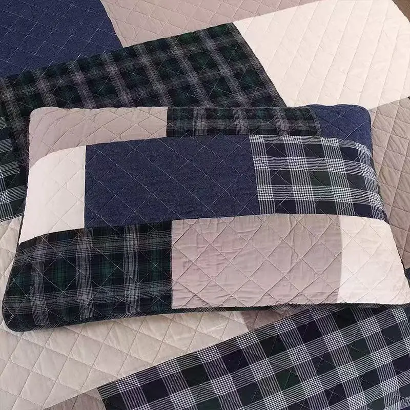 3pcs Pure Cotton Quilted Bedspread Set Quilt Grid Splicing Block Bed Cover Queen Size Coverlet Pillowcases Non-slip Sheet