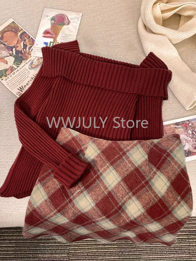 Woman Harajuku Korean Fashion Suit Autumn Winter Red Irregular Knitted Sweater + High Waist Slim Y2k Mini Skirt Plaid Skirt Set