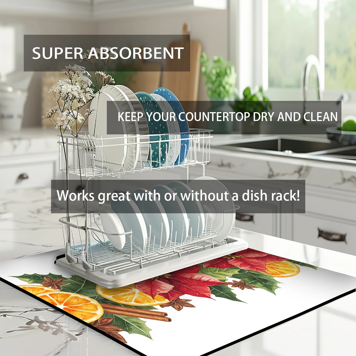 Absorbent Anti-slip Coffee Dish Mats Christmas Orange  Kitchen Absorbent Draining Mat Drying Mat Quick Dry Bathroom Drain Pad