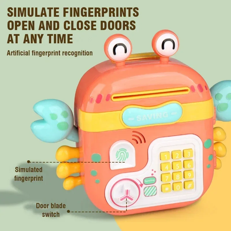 Tirelire en forme de crabe avec lumières musicales, Codes d'empreintes digitales, boîte d'économie d'argent, Machine de stockage de pièces de monnaie, jouets éducatifs, cadeau de noël pour enfants