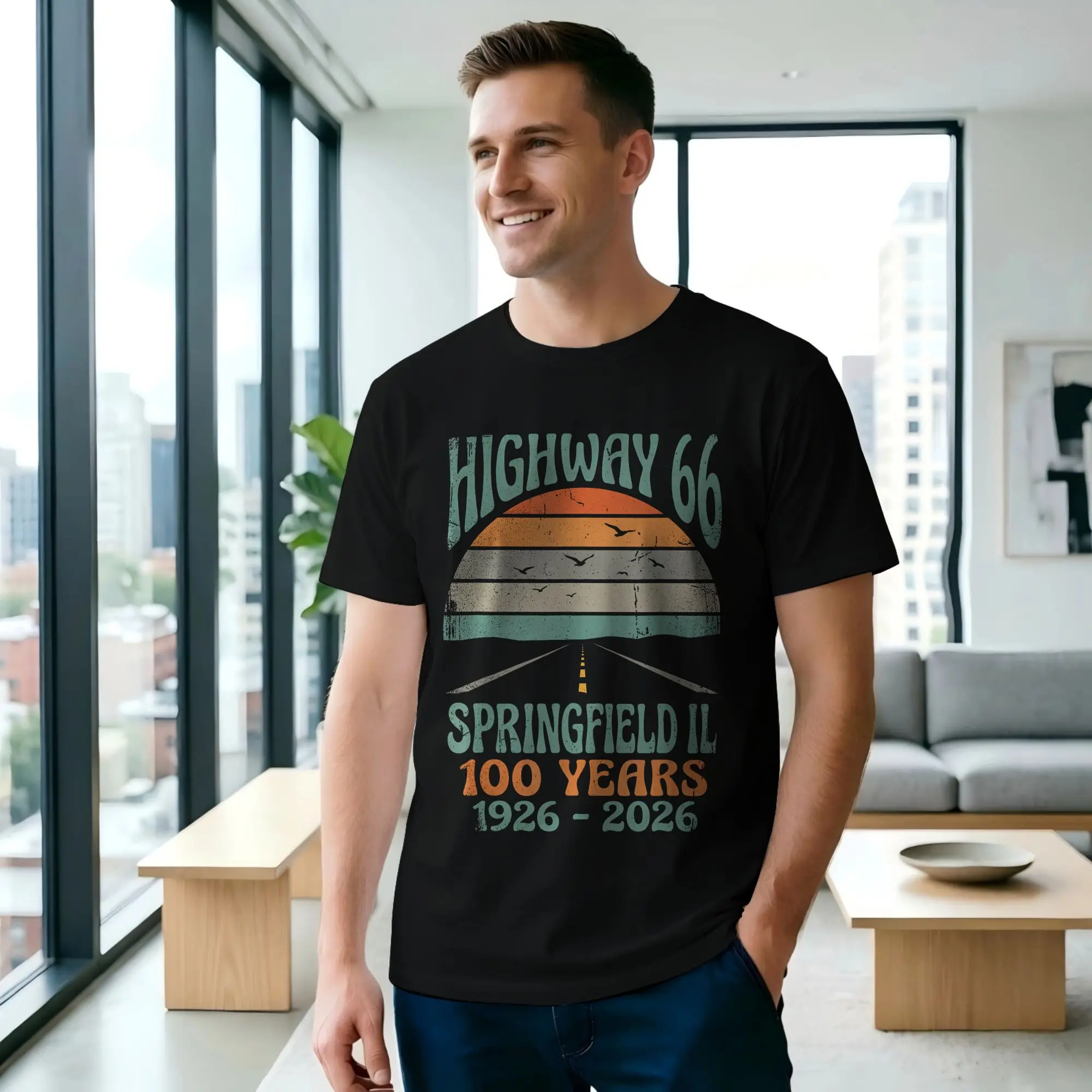 Springfield IL Highway 66 Centennial, camisetas para hombre, camiseta Vintage de camiseta Highway, camiseta de manga corta con cuello redondo, ropa de verano 100% algodón