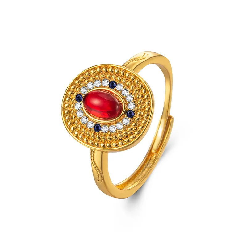 New 8# Adjustable Copper Gold-Plated Zircon Red Stone Ring For Women Girl Retro Ethnic Ellipse Design Jewelry Gift Wholesale