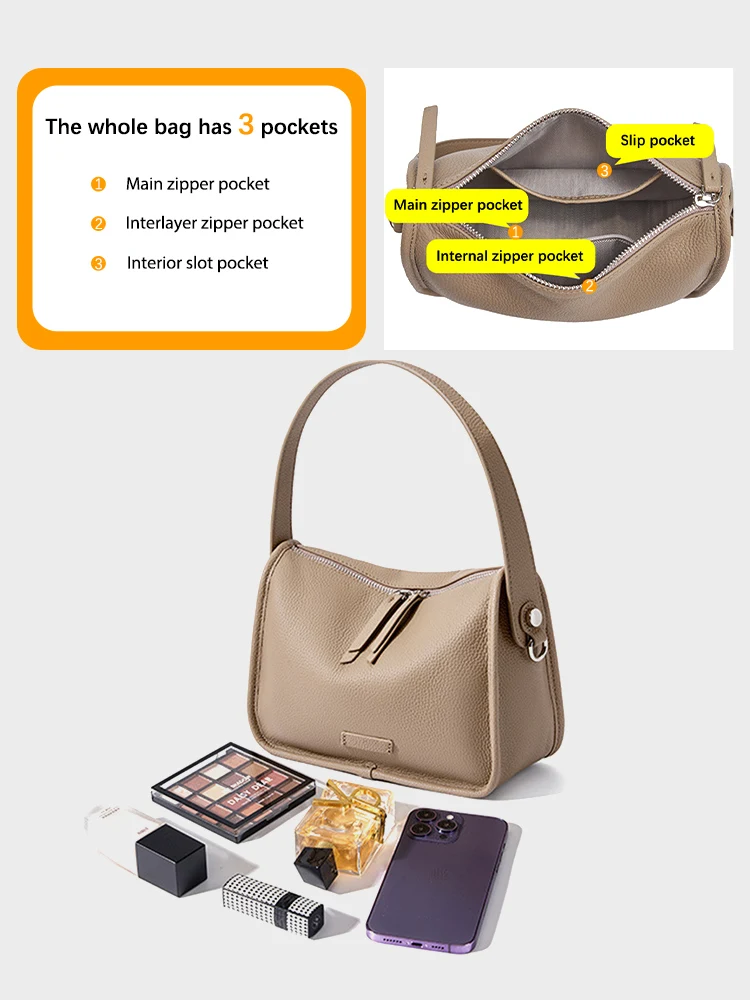 Zency Casual Designer Women Shoulder Bag Top Layer Cow Leather Underarm Handbag Large Capacity Female Crossbody Bag Grey