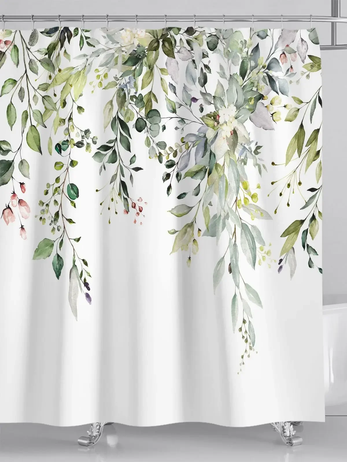 1PC leaf shower curtain, waterproof bathroom decoration with watercolor leaves and floral patterns, with 12 plastic hooks.