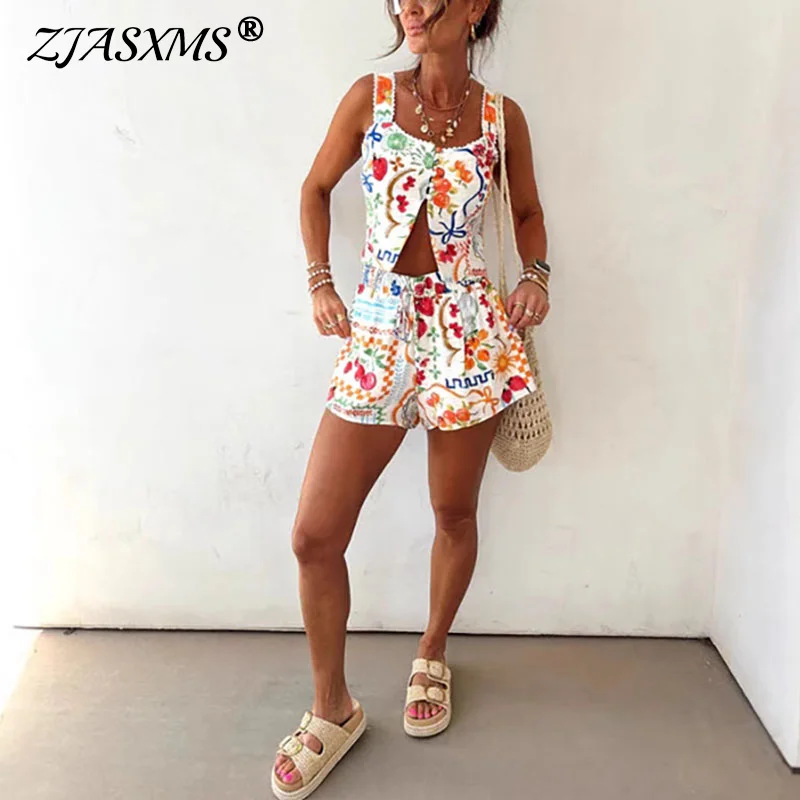 

Vintage Pattern Print Summer Vacation Outfits Woman Spring Square Collar Button Tops & Shorts Suit Sexy Backless Hollow 2pcs Set