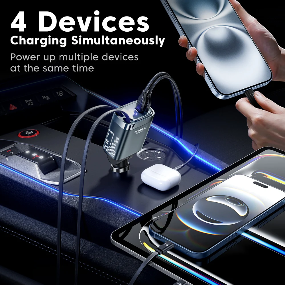 Toocki 105W Car Charger With 75CM USB C Retractable Cable PD 45W QC 3.0 SCP SFC2.0 PPS Fast Charging for iPhone 17 16 Samsung